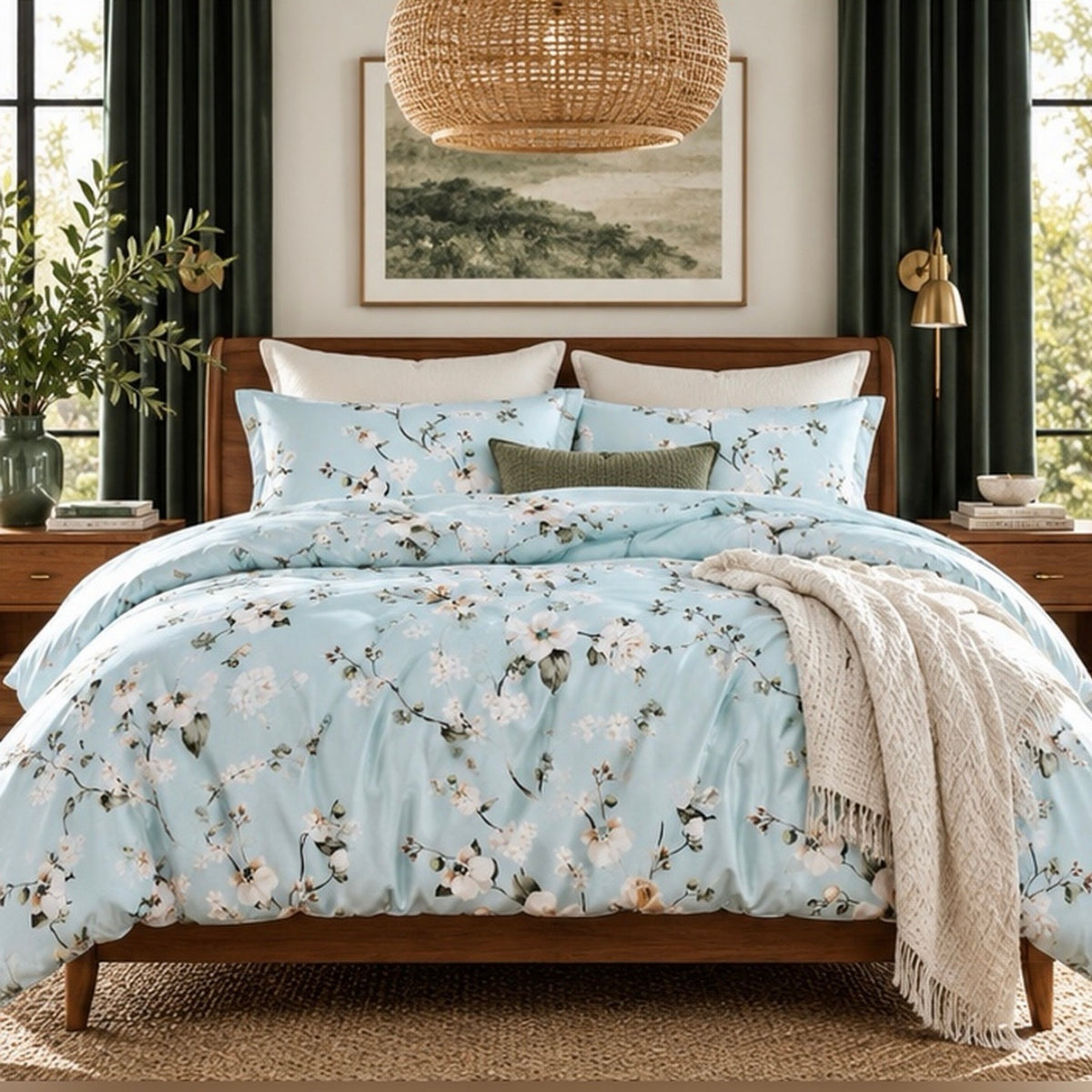 NEW West Elm Light Blue Floral Print Boho Queen / King Bedding Duvet & Sham Set