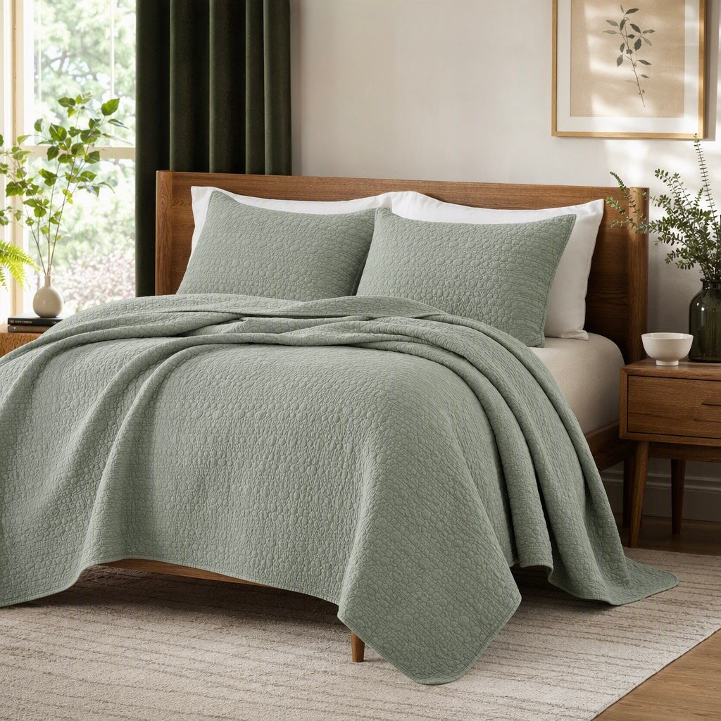 NEW West Elm Green Stone Print Ultra Soft Queen King Bedding Bedspread Sham Set
