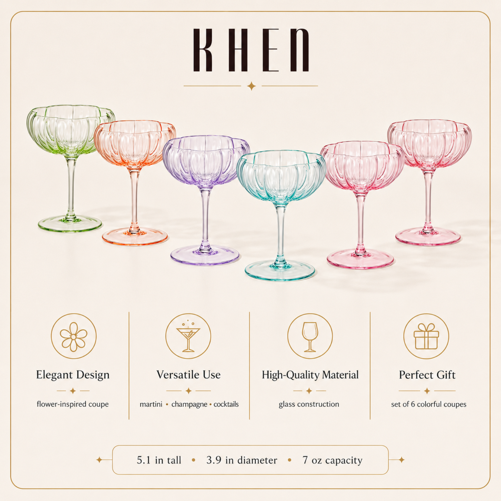Flower Coupe Cocktail Glasses | Set of 6 | Bright Colors