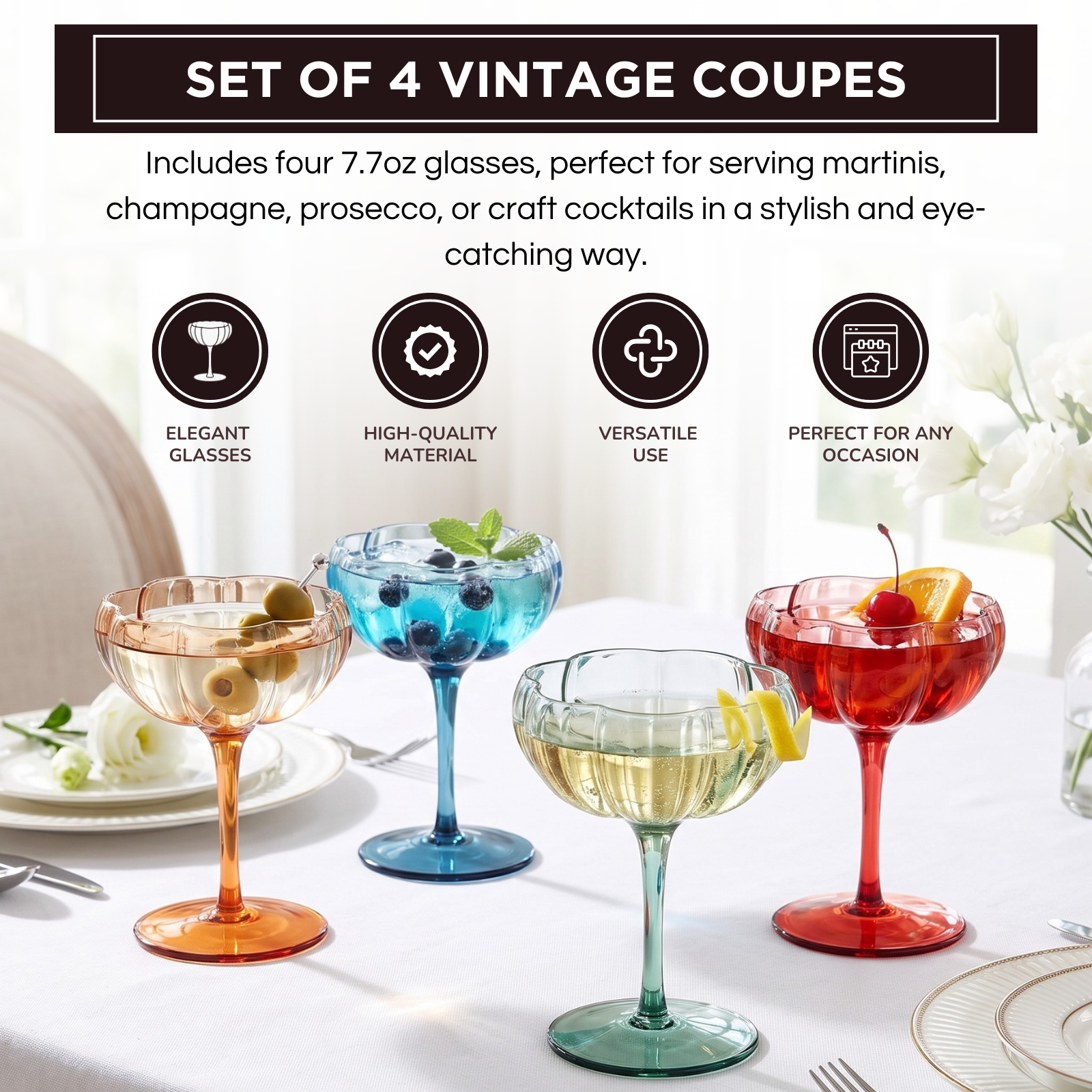 Flower Coupe Cocktail Colored Glasses | Set of 4 | Muted