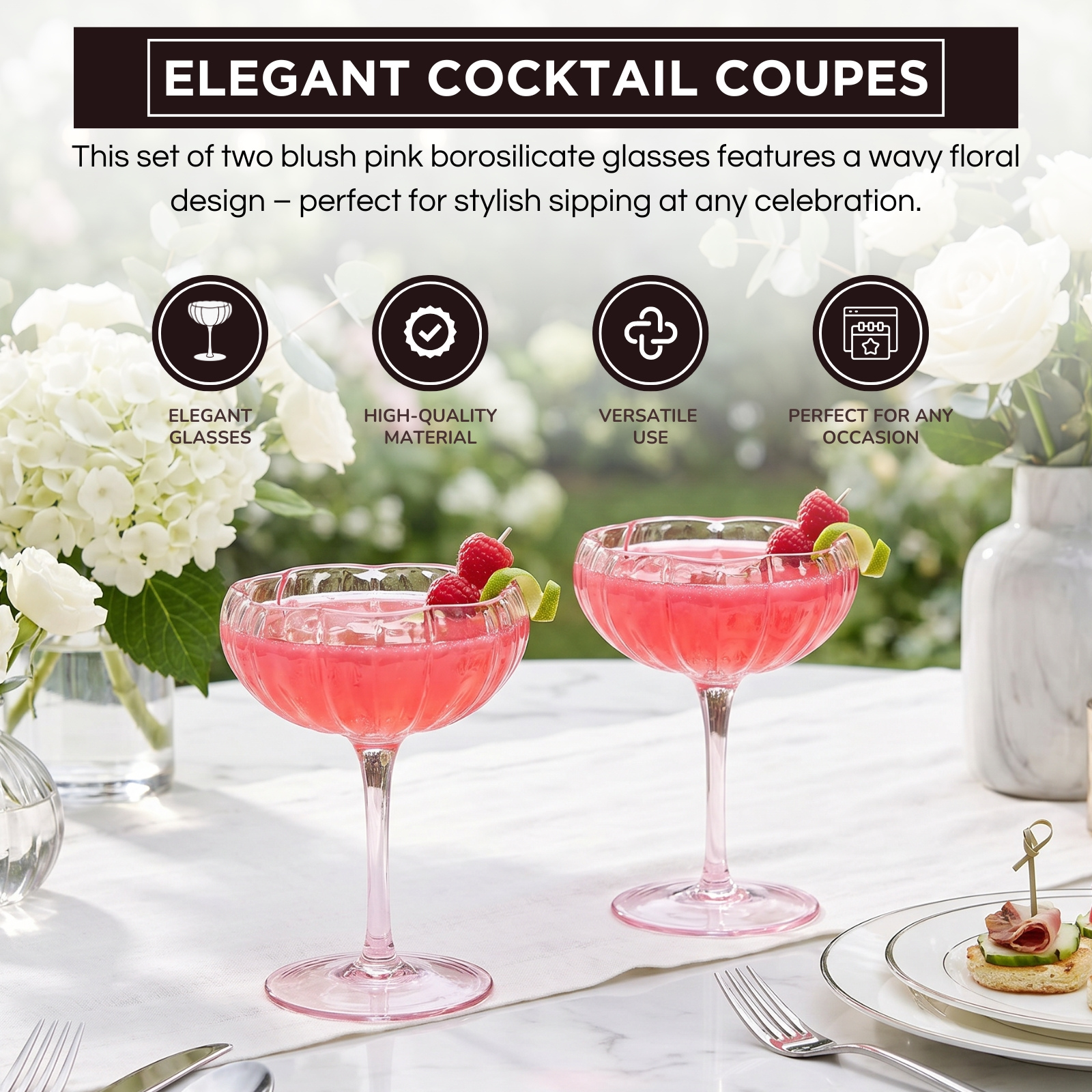 Flower Coupe Cocktail Colored Glasses | Set of 2 | Blush Pink