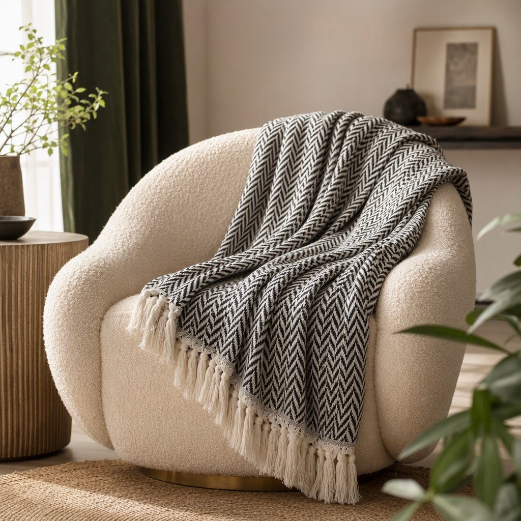 NEW West Elm Boho Black & White Turkish Cotton Throw Blanket Bedding - 60" x 50"