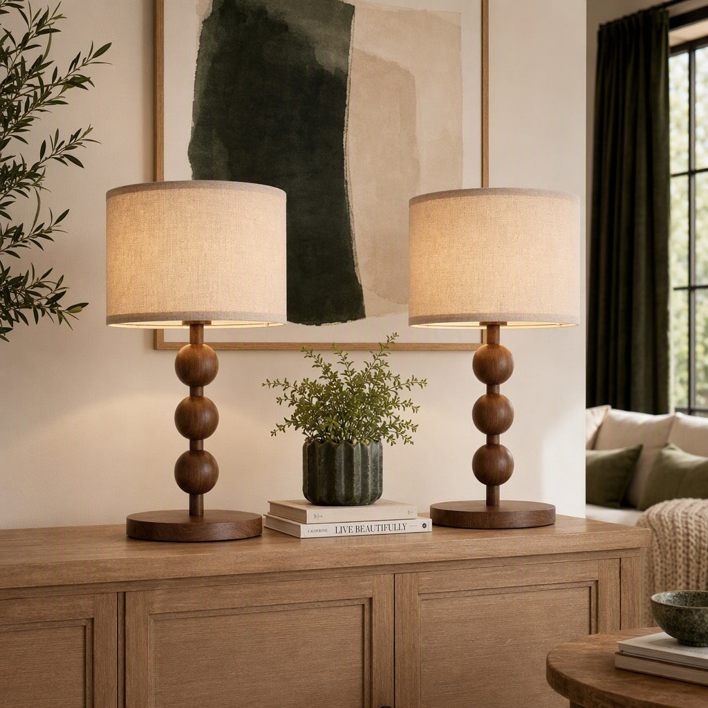 NEW Anthropologie Set of 2 Vintage Wood Ball Retro Boho Table Lamps Lighting 20"