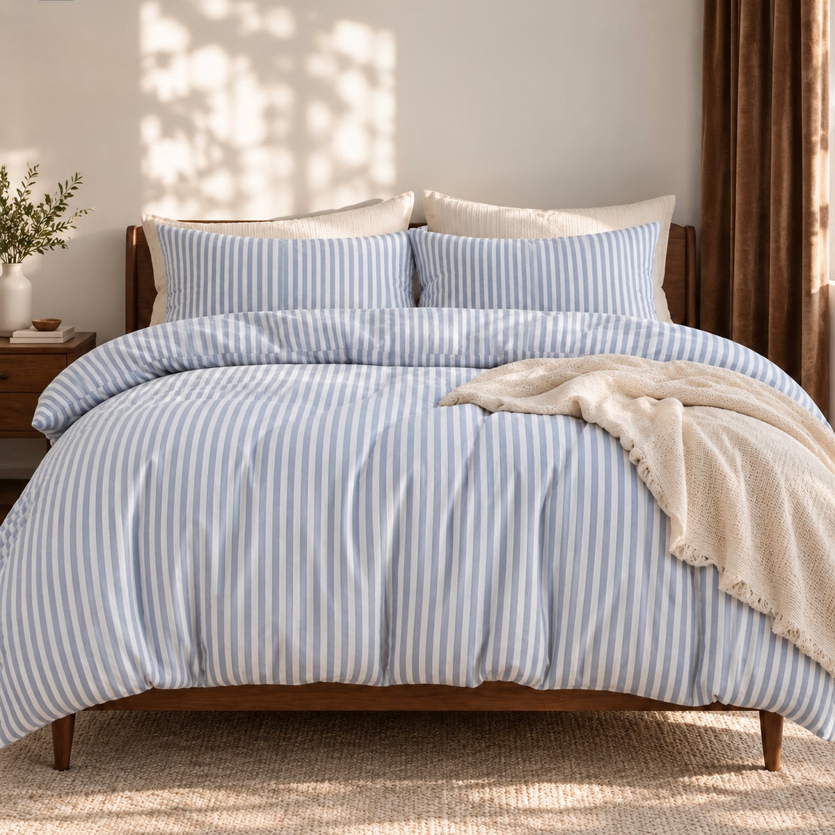 NEW West Elm White & Blue Striped Cotton Simple Modern Bedding Duvet & Sham Set