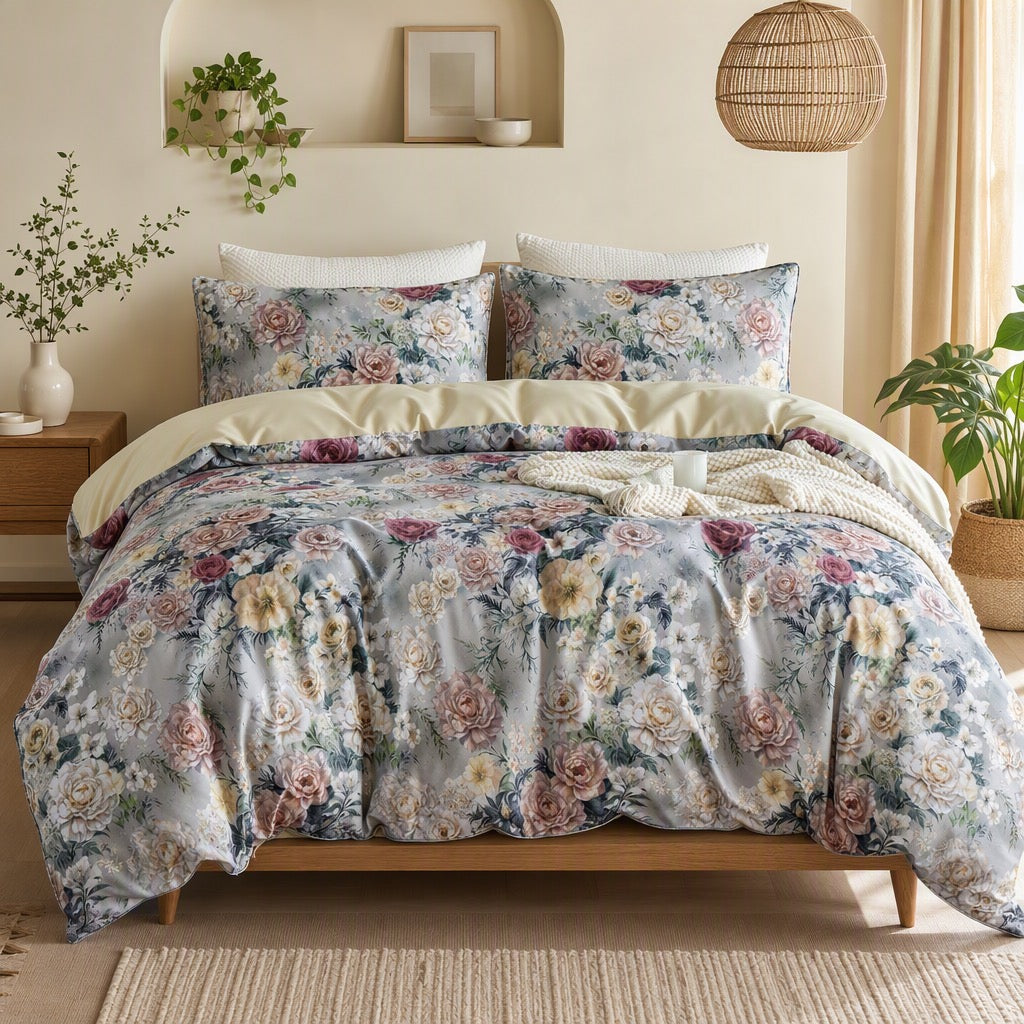 NEW Anthropologie Purple Rose Floral Boho 100% Cotton Duvet Bedding & Sham Set