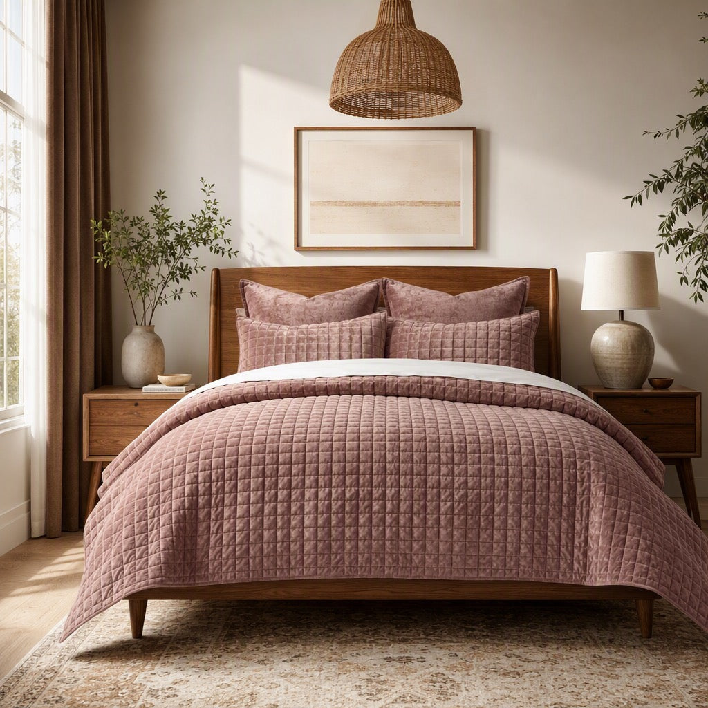 NEW West Elm Terracotta Velvet King / Queen Ultra Soft Bedding Quilt & Sham Set