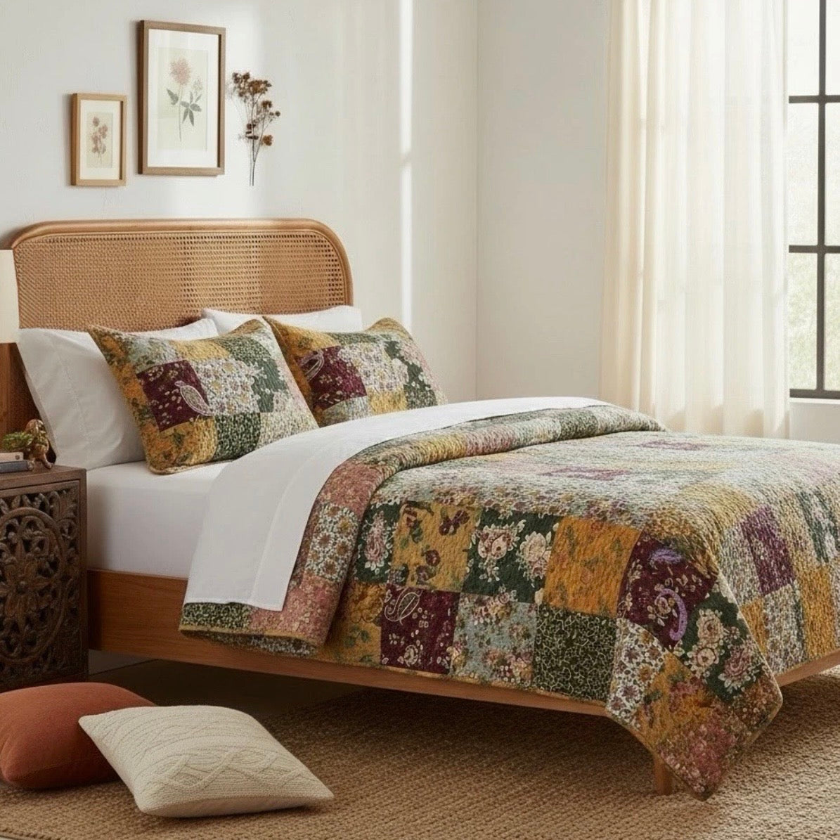 NEW Anthropologie Cotton Reversible Patchwork Queen King Bedding Quilt Sham Set
