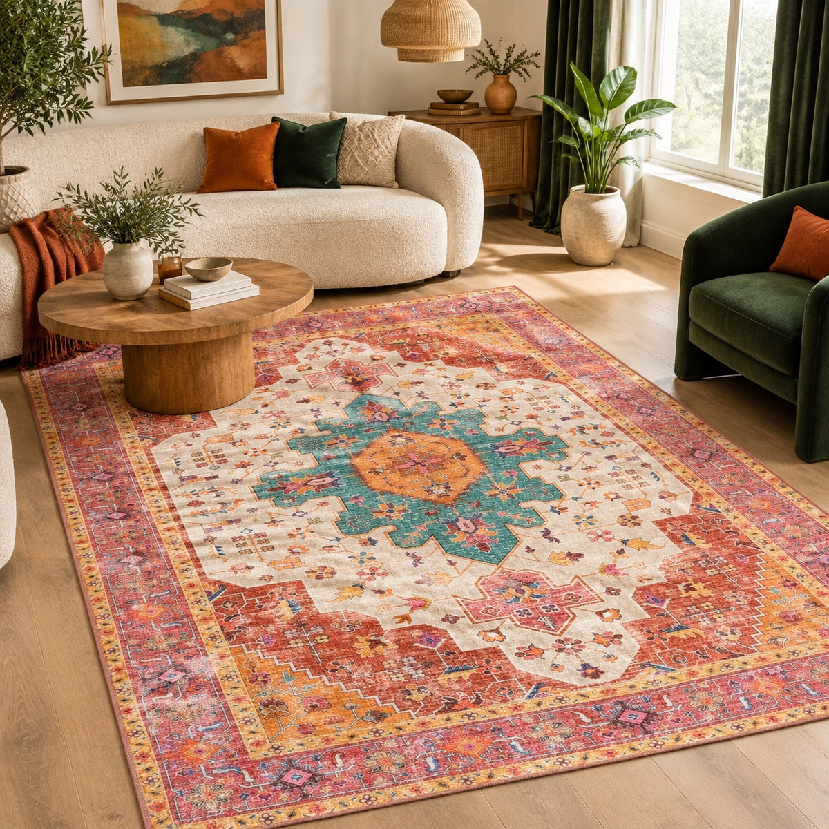 NEW Anthropologie Pink & Teal Moroccan Boho Washable Area Rug Carpet - 5' x 7'
