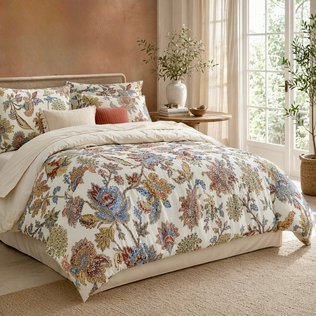 NEW Anthropologie Cream Boho King Size Floral Bedding Duvet Sheet Sham Set