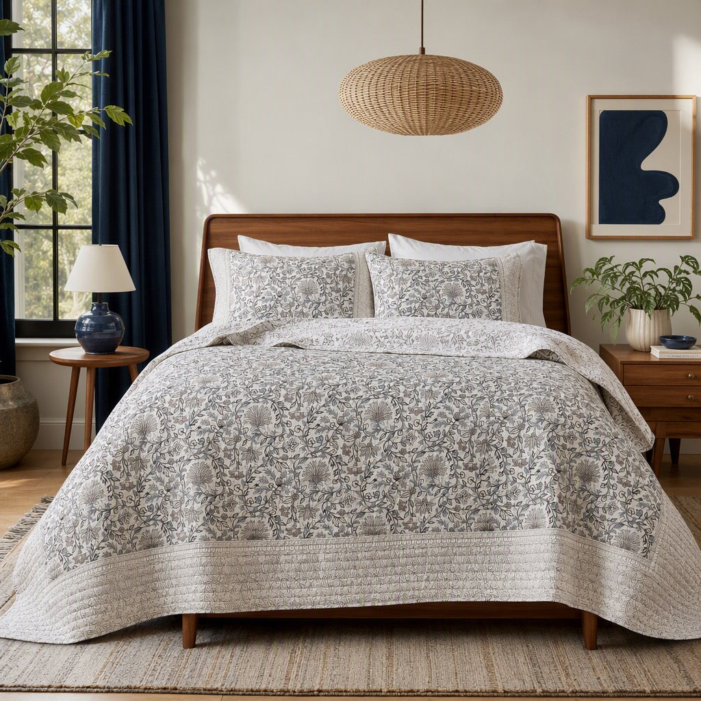 NEW West Elm Blue White Botanical Reversible Queen King Bedding Quilt & Sham Set