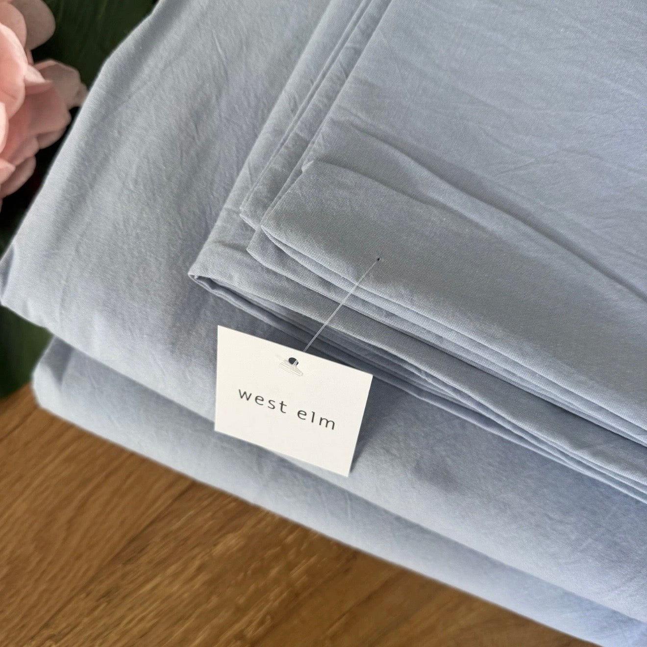 NEW West Elm Light Blue Solid 100% Cotton King / Queen Bedding Duvet & Sham Set