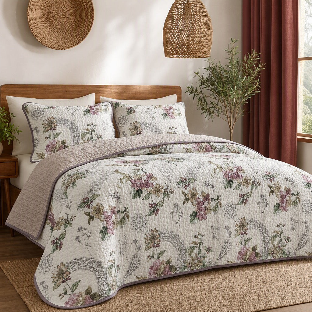 NEW Anthropologie Vintage Floral Reversible Quilt Bedspread Bedding & Sham Set