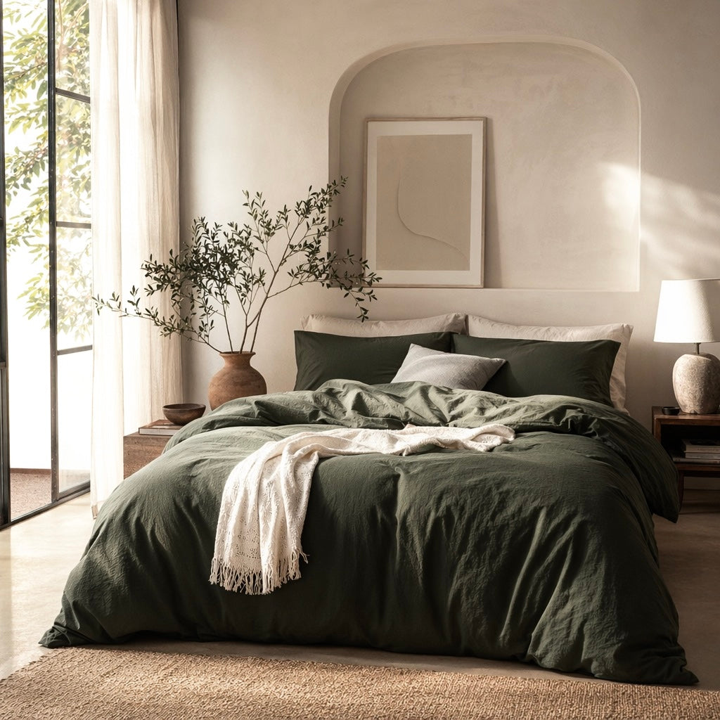 NEW West Elm Dark Green 100% Cotton Boho King Size Bedding Duvet Sham Case Set