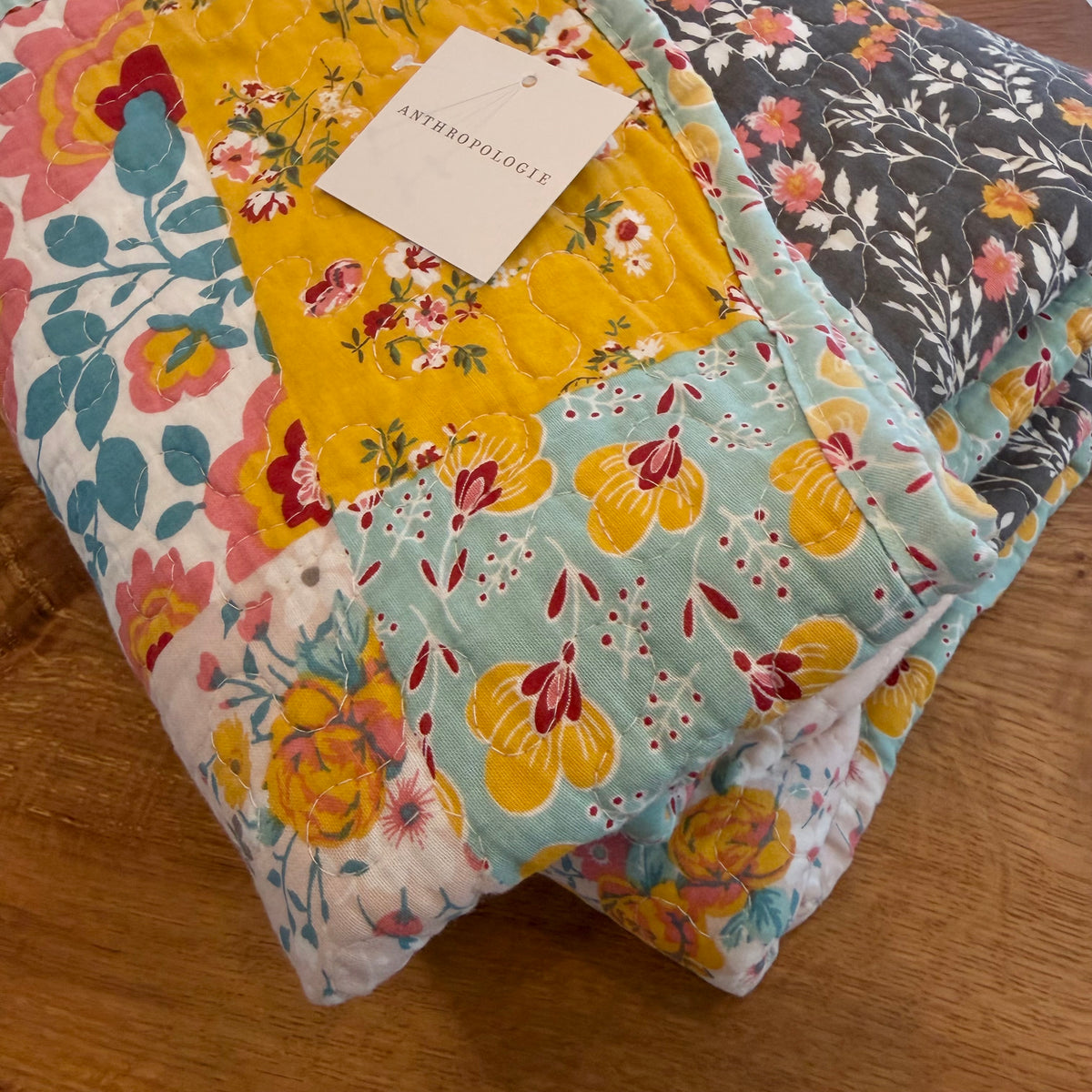 NEW Anthropologie Boho Cotton Colorful Floral Throw Blanket Bedspread Quilt - 50" x 60"