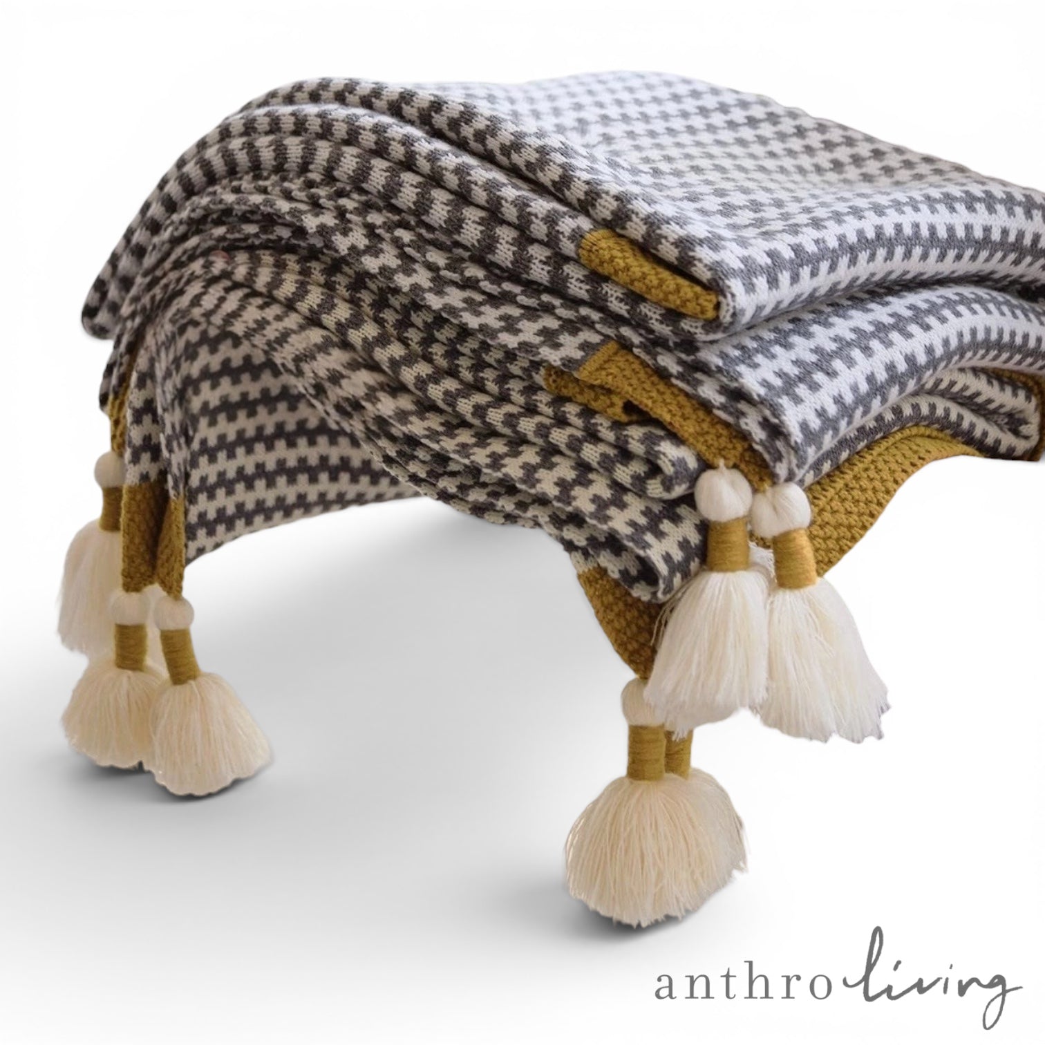 NEW Anthro Chevron Stripe Boho Tassel Pom Pom Knit Throw Blanket Bedding 48
× 60