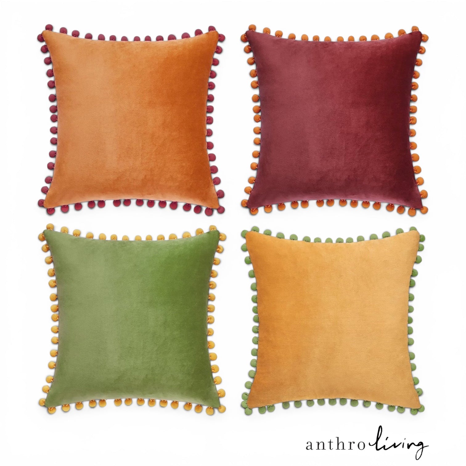 NEW Anthro (Set 4) Pom Pom Boho Velvet Throw Pillow Covers Cases Shams 18" x 18"