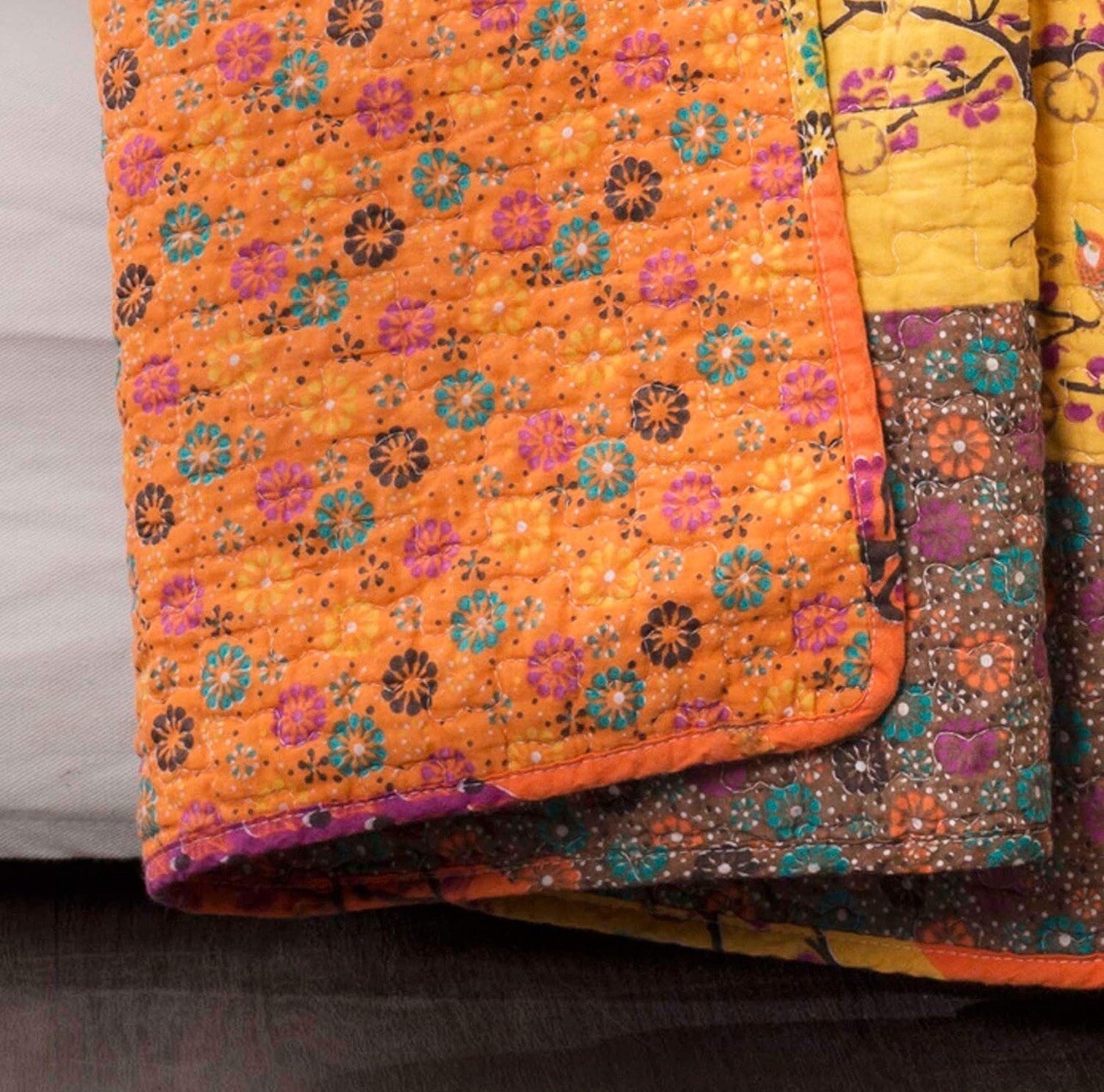 NEW Boho Orange Retro Bird Floral Throw Blanket Bedspread Bedding Quilt 50 x 60