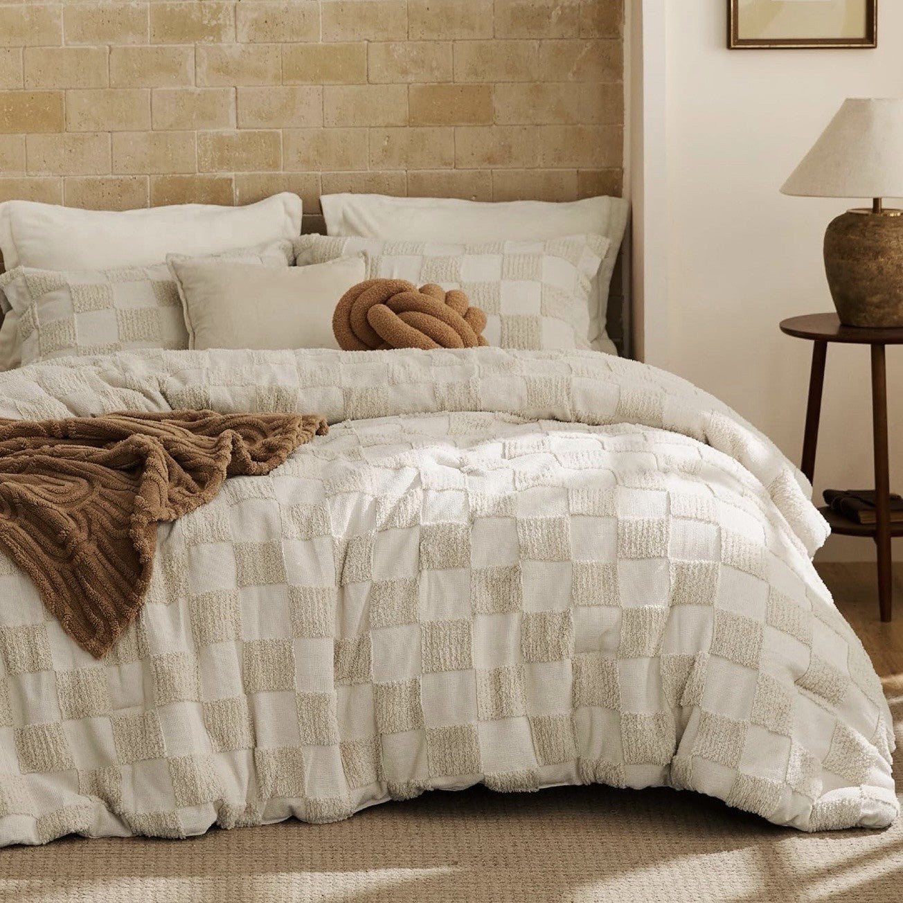 NEW West Elm Beige Checkered Tufted Queen / King Bedding Comforter & Sham Set