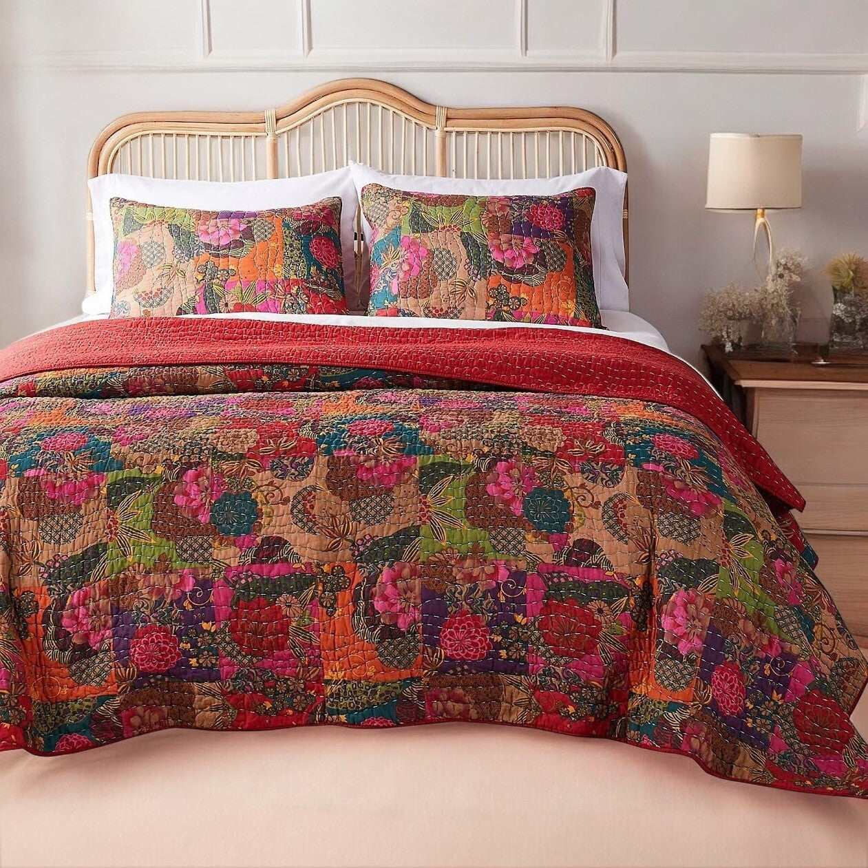 NEW Anthro Red Floral Boho King Quilt Stitch Bedspread Bedding Sham Set