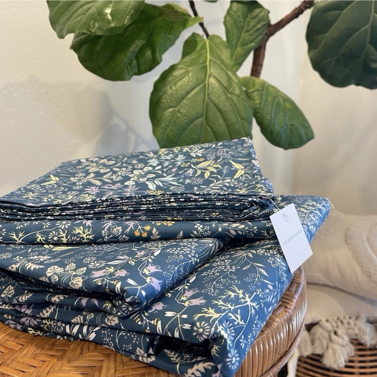 NEW Anthro Blue Floral Cotton Boho King Queen Full Size Bedding Duvet & Sham Set