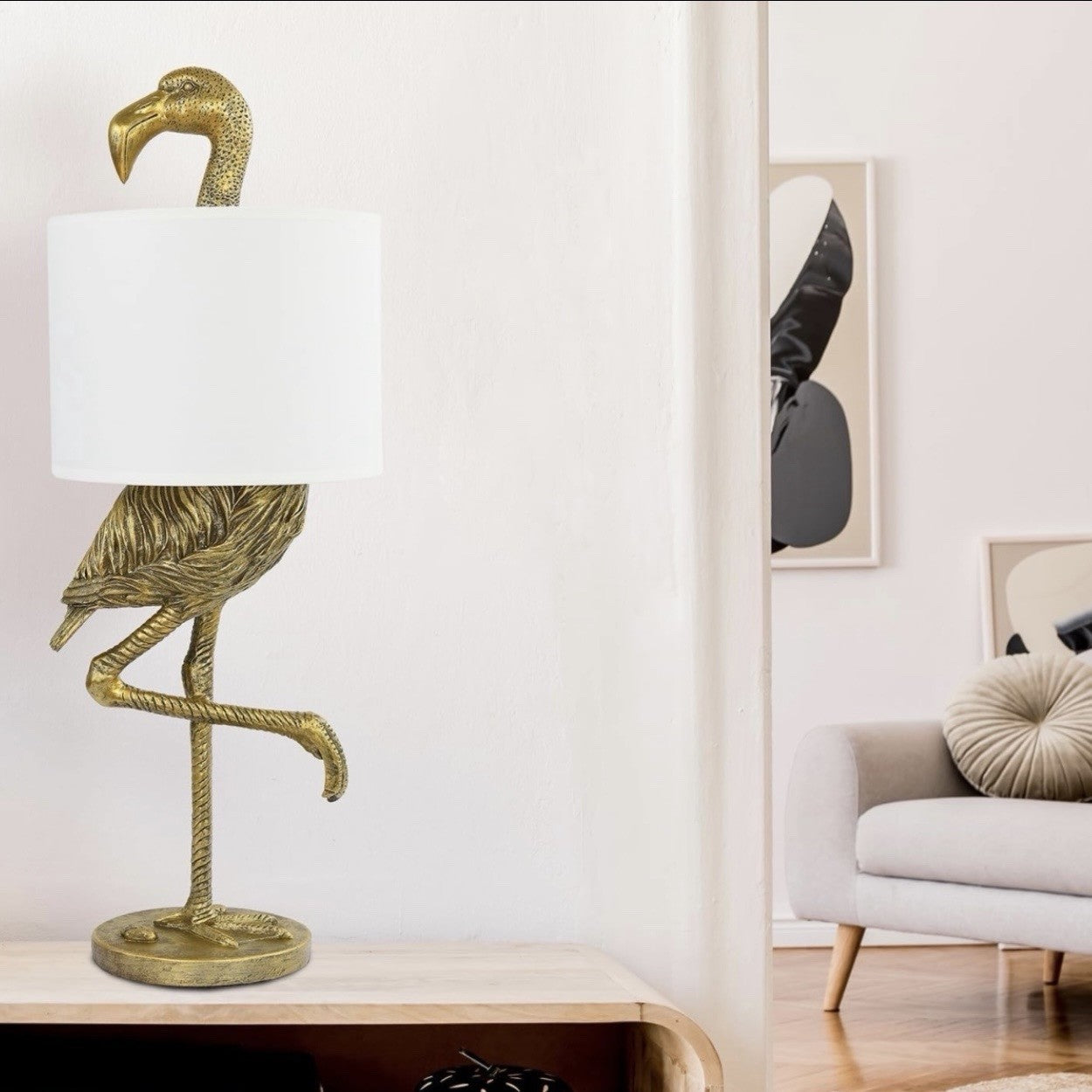 NEW Anthropologie Large Gold Boho Flamingo Table Lamp Lighting Art Deco Set 32"