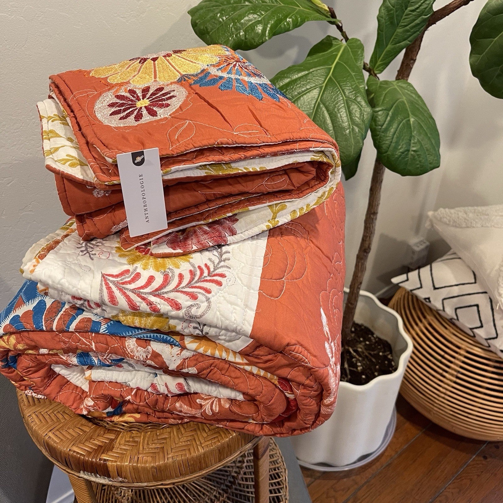 NEW Anthropologie Queen Floral Boho Reversible Quilt Bedspread Blanket Sham Set