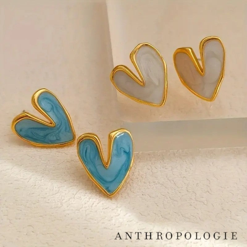 NEW Anthropologie White & Gold Plated Boho Heart Stud Abstract Earrings Jewelry
