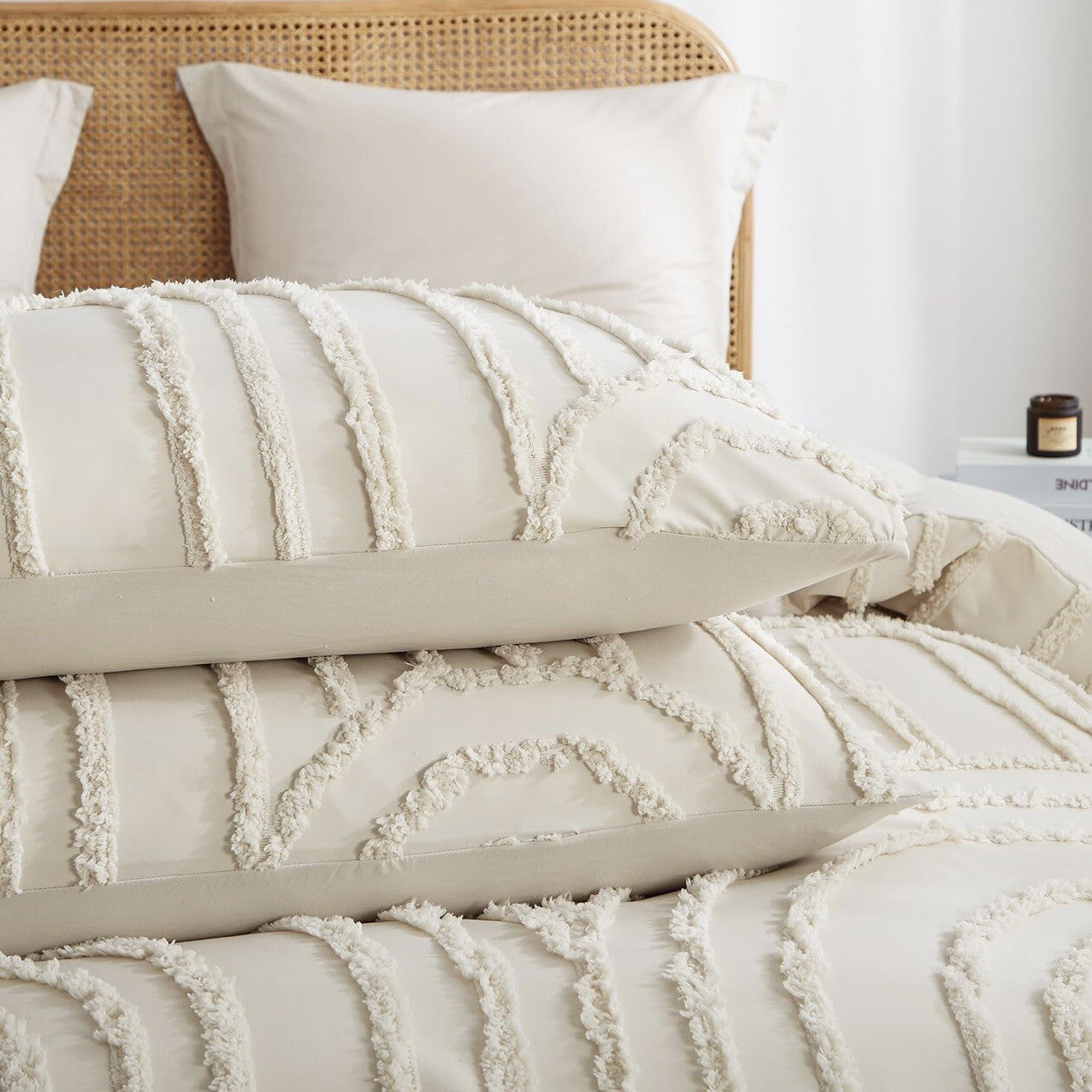 NEW Anthro Beige Boho Queen Size Tufted Abstract Bedding Comforter & Sham Set