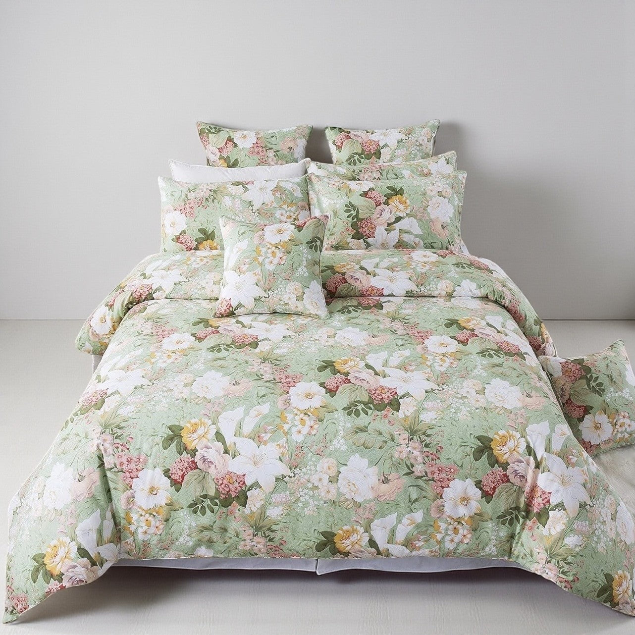 NEW Anthro Green Pink Floral Cotton Queen / King Cotton Bedding Duvet & Sham Set