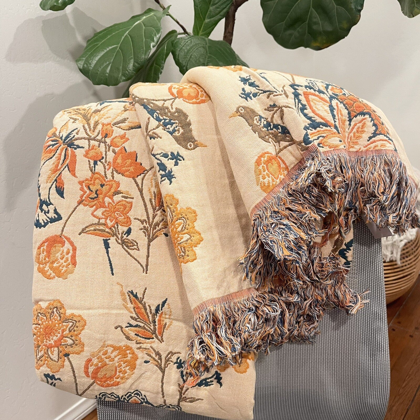 NEW Anthropologie Boho Floral Orange Teal Throw Blanket Bedspread Quilt 80 x 90