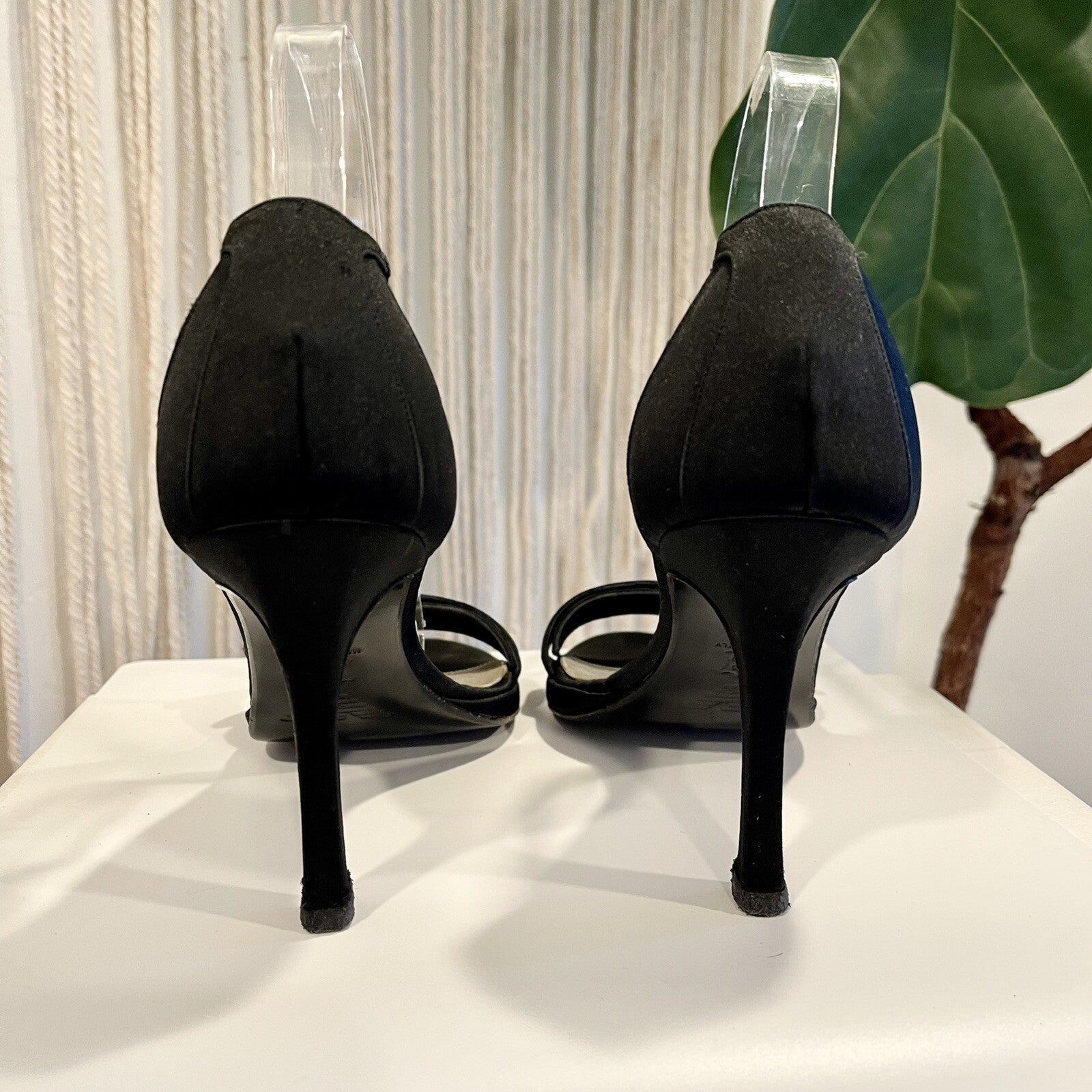 Emporio Armani Black Satin Strappy Stiletto Shoes High Heels | Size 39 / 8.5