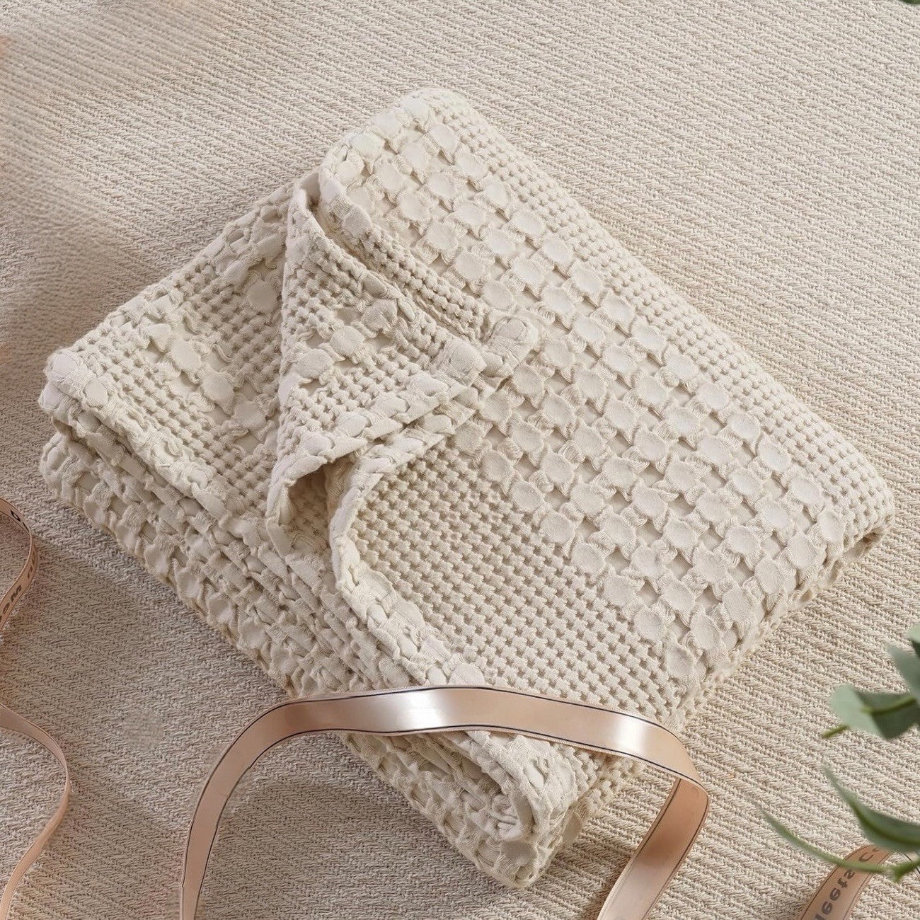 NEW West Elm Beige Woven Waffle Knit Cotton Boho Cozy Throw Blanket - 50" x 60"