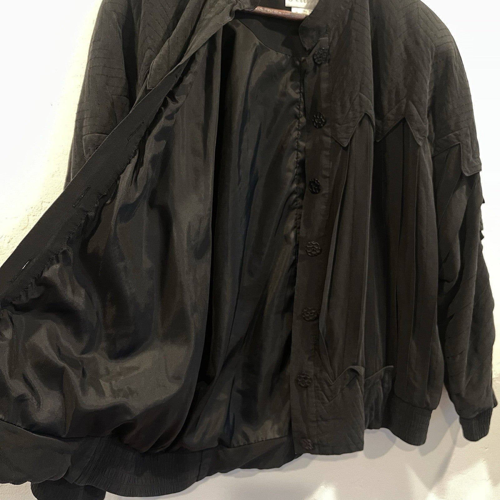 Vintage Black Perlita Pleated Silk Triangle Embroidered Bomber Jacket Coat Large