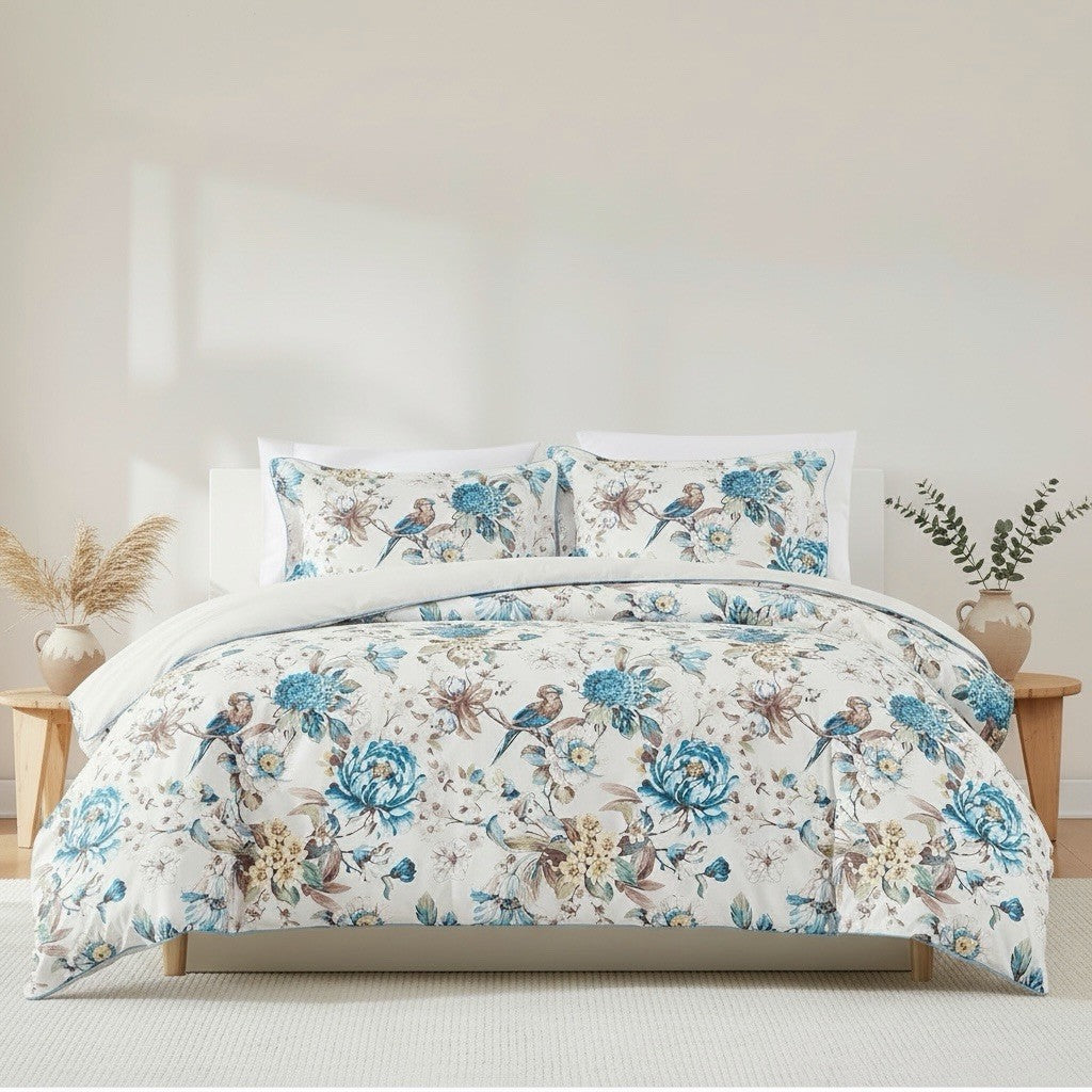 NEW Anthro White Blue Floral Bird Cotton Boho Queen King Bedding Duvet Sham Set