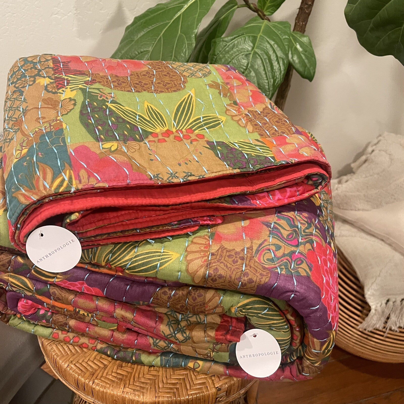 NEW Anthro Red Floral Boho King Quilt Stitch Bedspread Bedding Sham Set