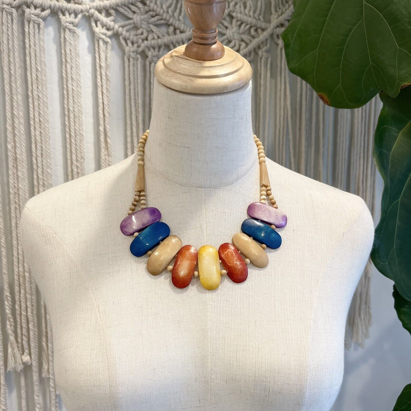 Vintage Multicolor Bone Ceramic Boho Beaded Statement Collar Necklace Jewelry