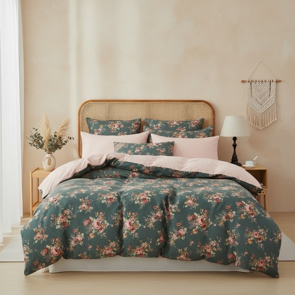 NEW Anthro Green & Pink Floral Muslin Cotton Boho Queen / King Bedding Duvet Set