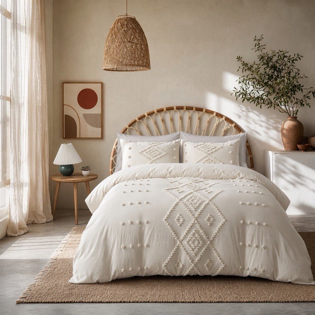 NEW Anthro Beige Cream Boho Queen / King Size Tufted Fringe Bedding Duvet & Sham