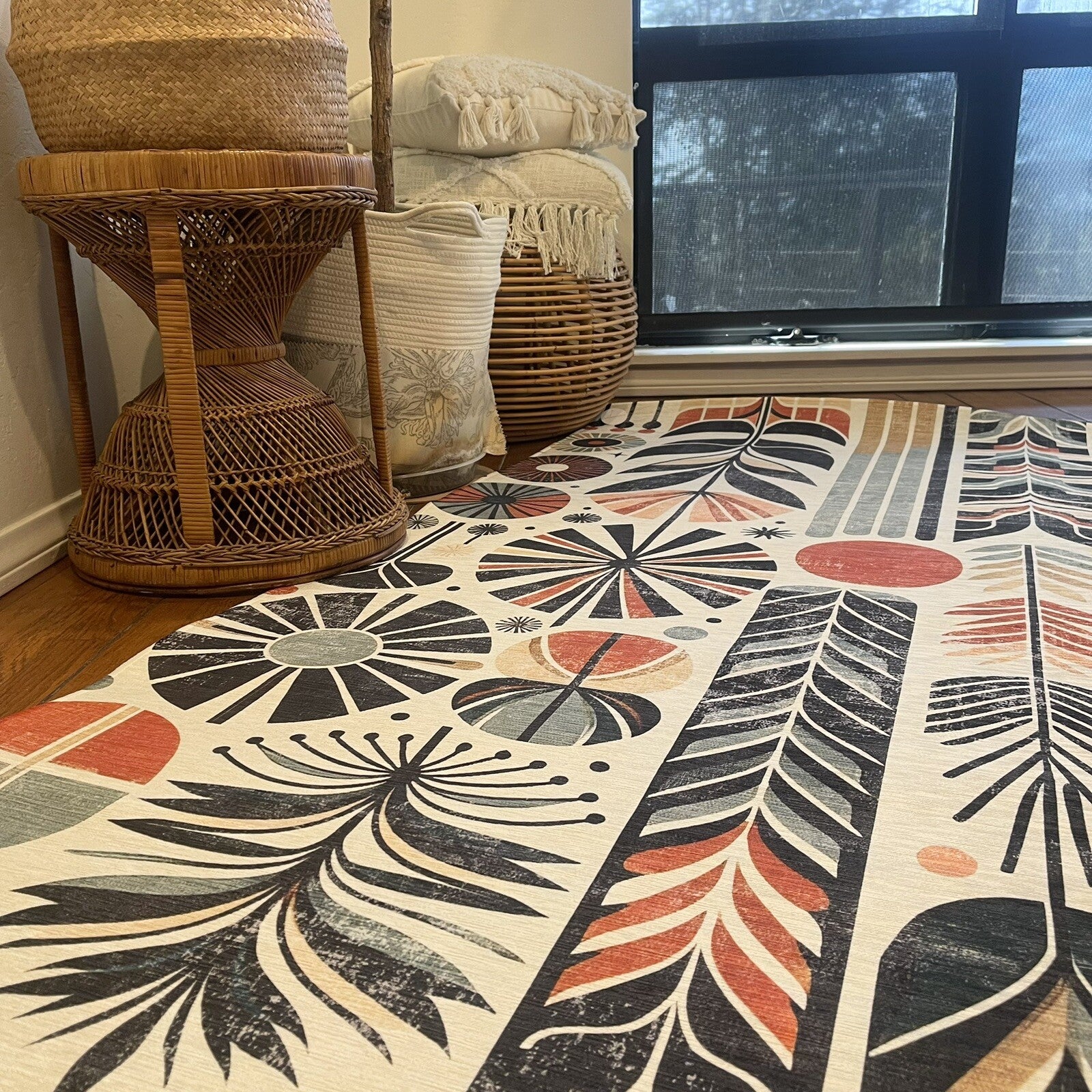 NEW Anthropologie Cream Boho Retro Floral Geometric Area Rug Carpet 5'7" x 4'