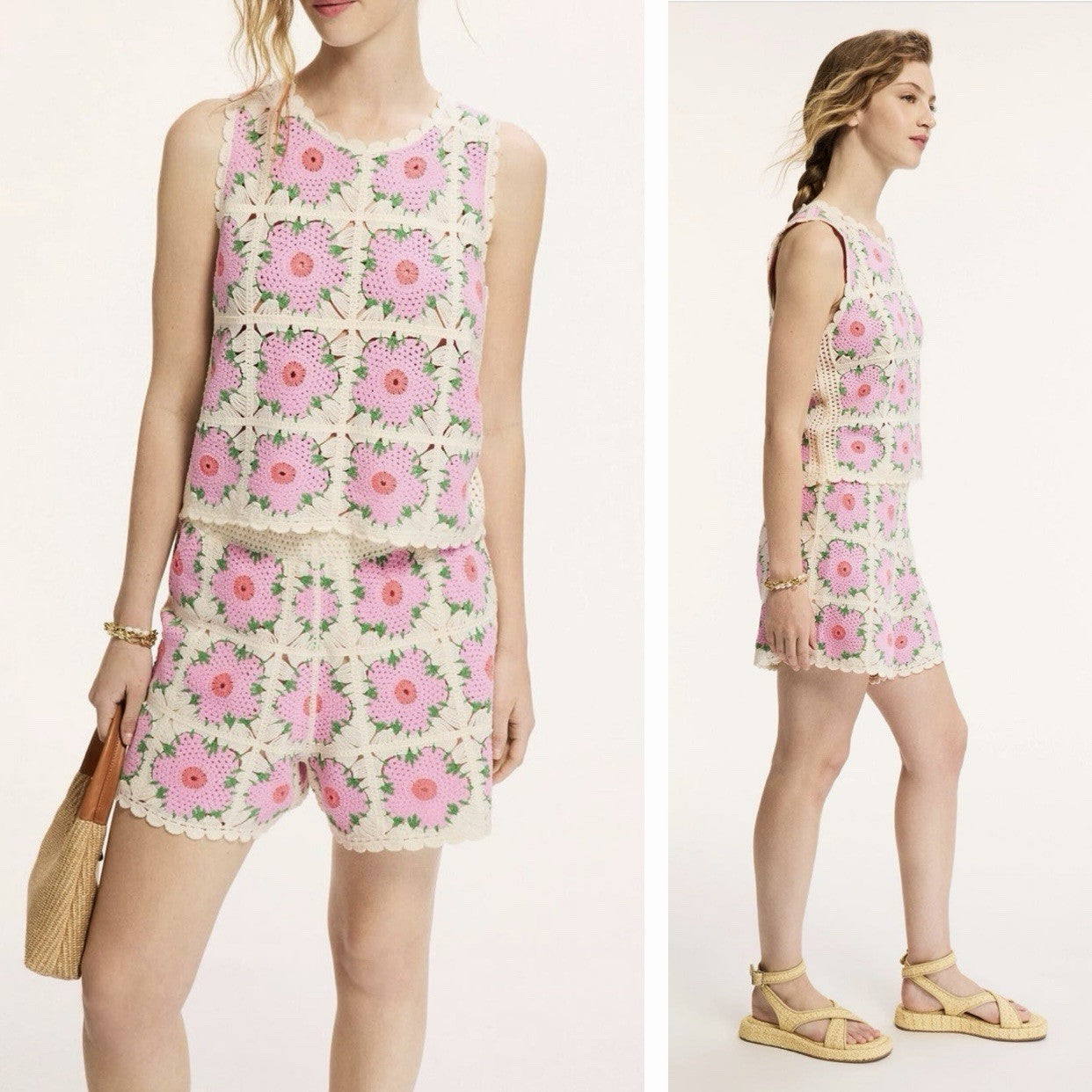 CeCe Crochet Pink & White Flower Matching Boho Tank Top & Short Set - Size Large