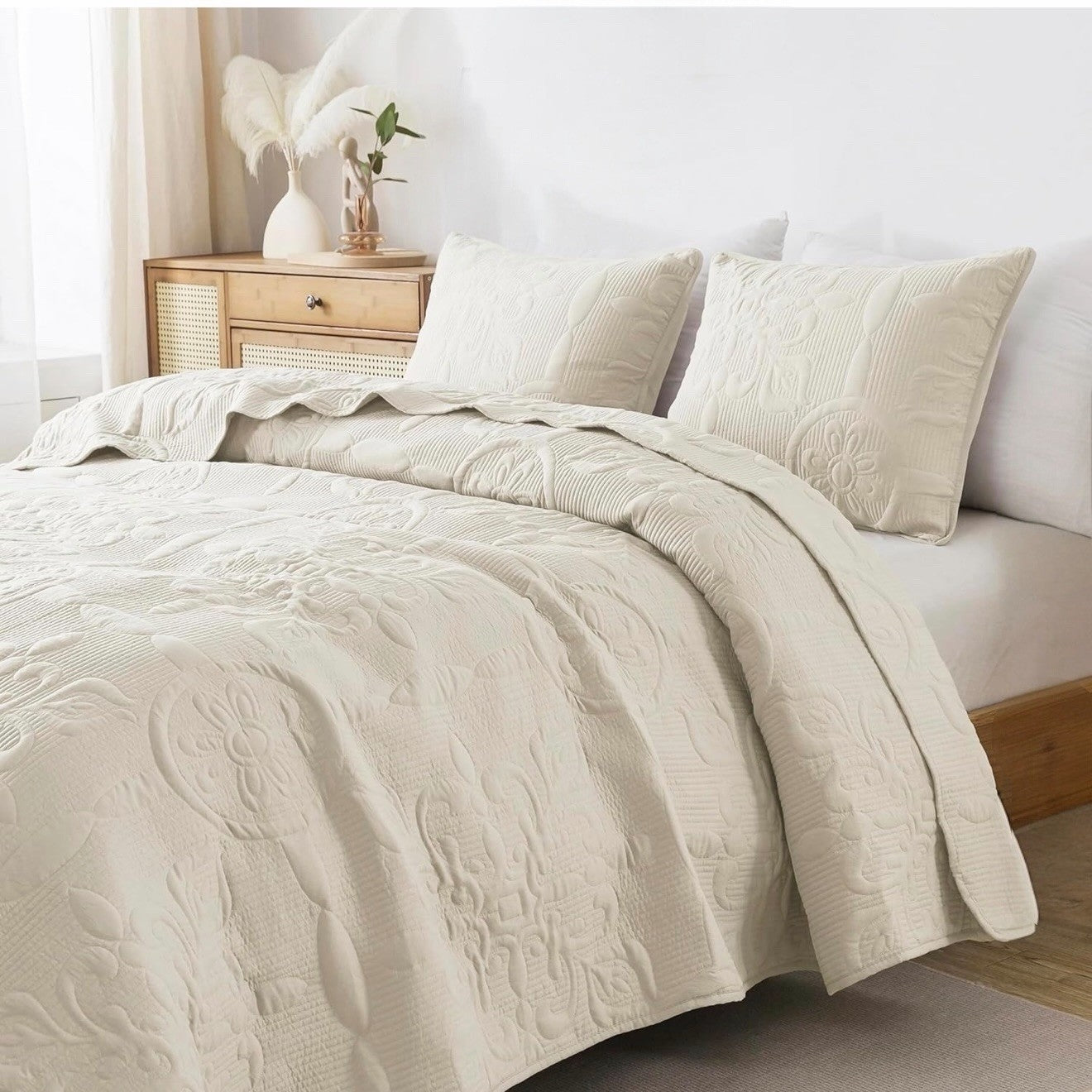 NEW Anthro White Cream Boho Jacquard Retro Queen / King Bedding Quilt & Sham Set