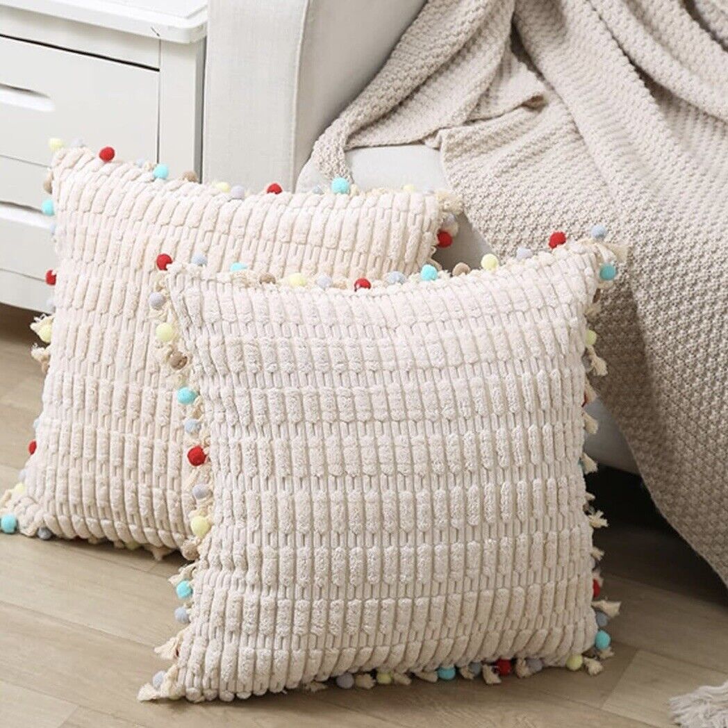 NEW Anthropologie (Set 2) Boho Tassel Pom Pom Throw Pillow Case Sham 12" x 20"