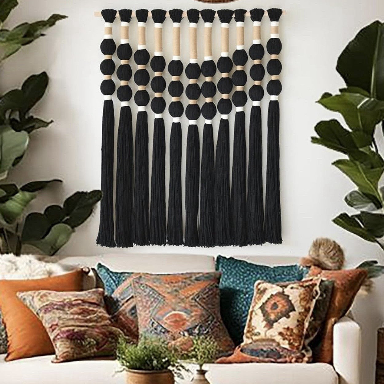 NEW Anthropologie XL Boho Black Ball Tassel Tapestry Woven Wall Hanging - 33"