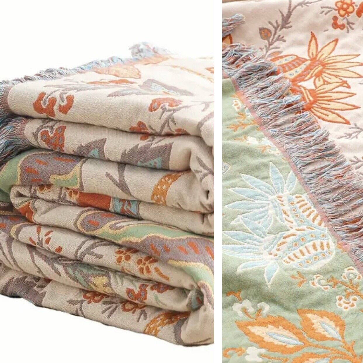 NEW Anthro XL Reversible Green Tassel Throw Blanket Bedspread Quilt - 80" x 90"