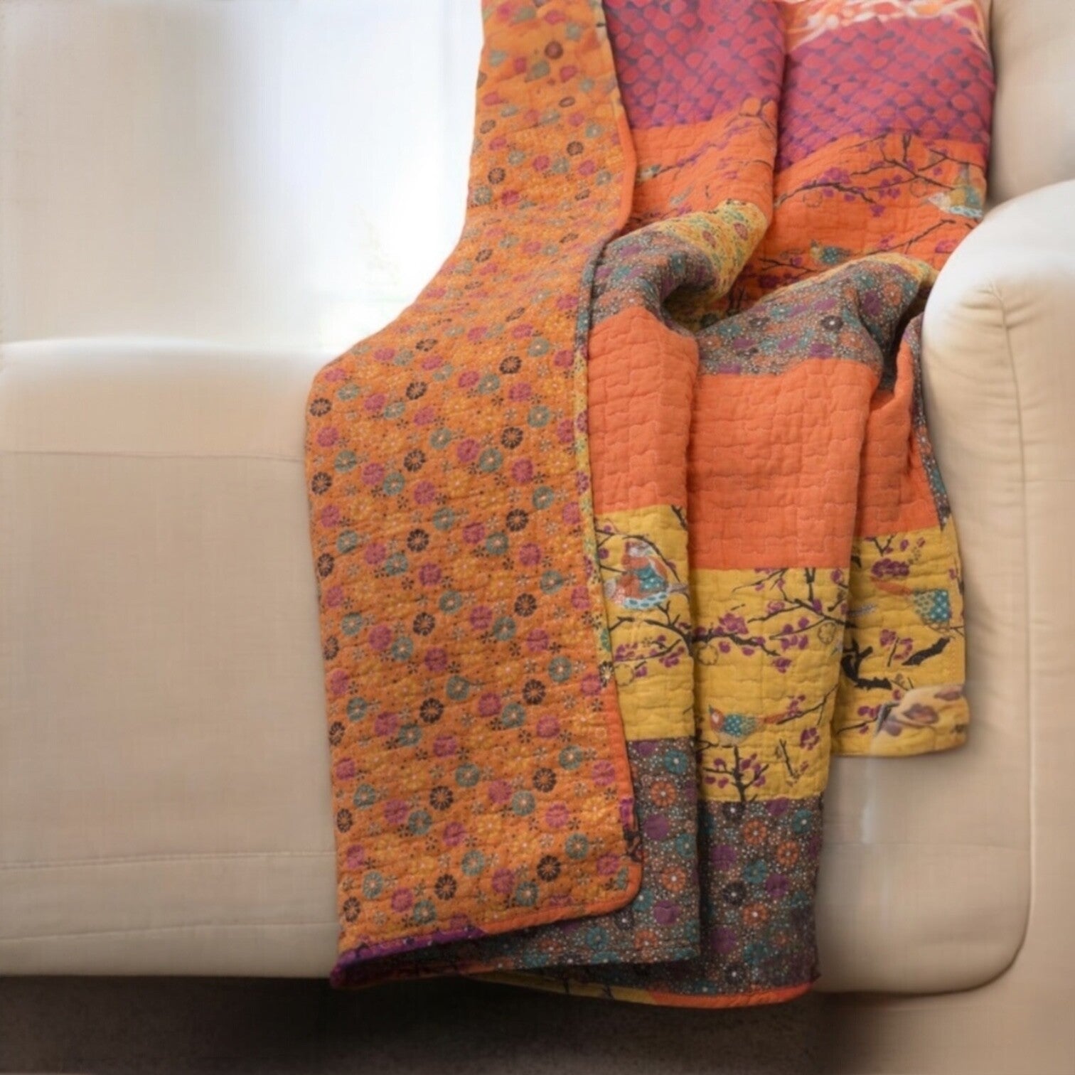 NEW Boho Orange Retro Bird Floral Throw Blanket Bedspread Bedding Quilt 50 x 60