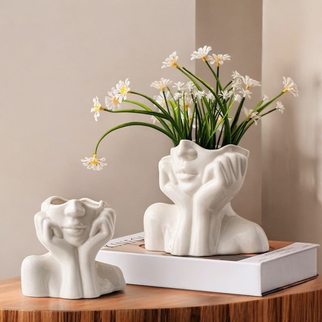 NEW Anthro Boho White Ceramic Female Face Abstract Flower Vase - Medium