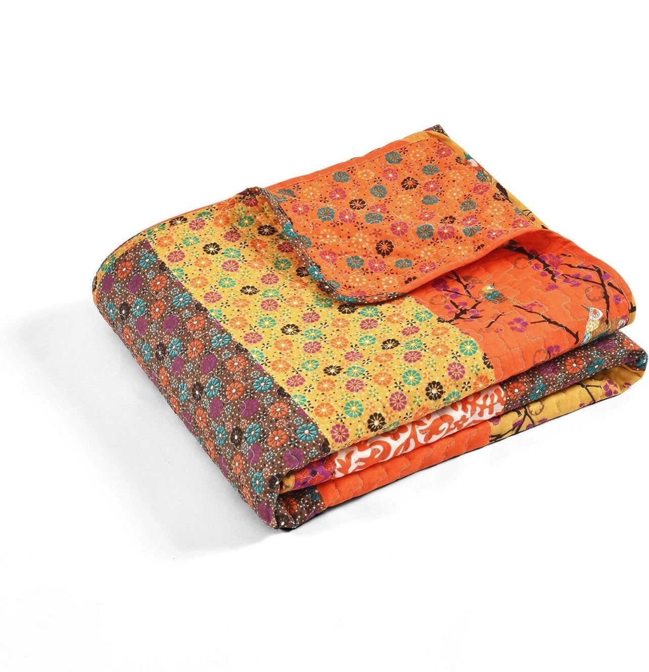NEW Boho Orange Retro Bird Floral Throw Blanket Bedspread Bedding Quilt 50 x 60