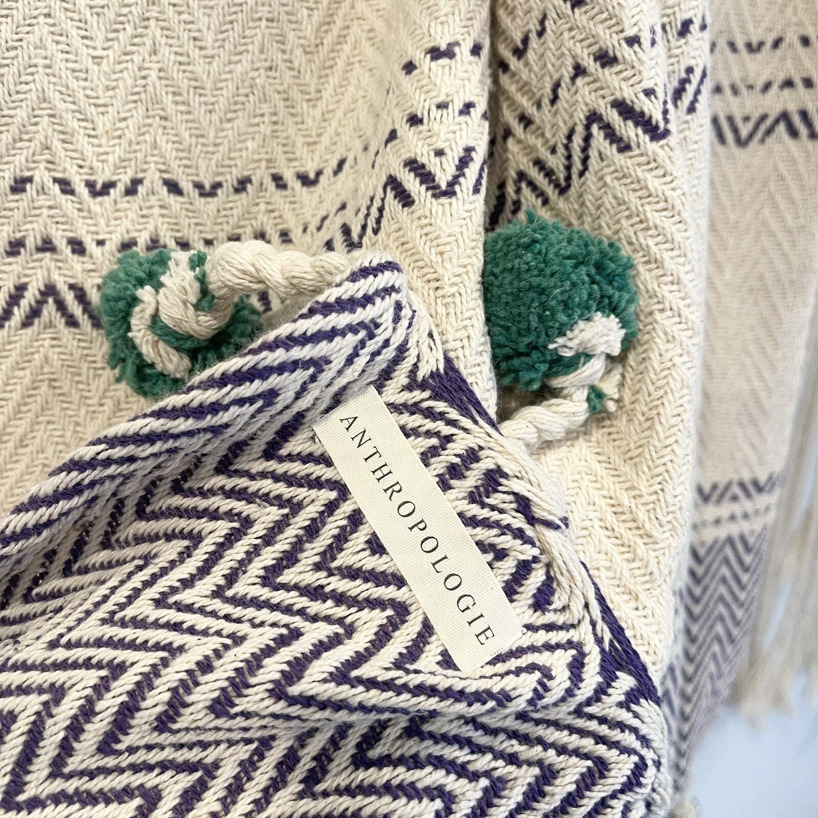 NEW Anthropologie Blue Green Pom Pom Boho Tassel Knit Throw Blanket - 50" x 60"