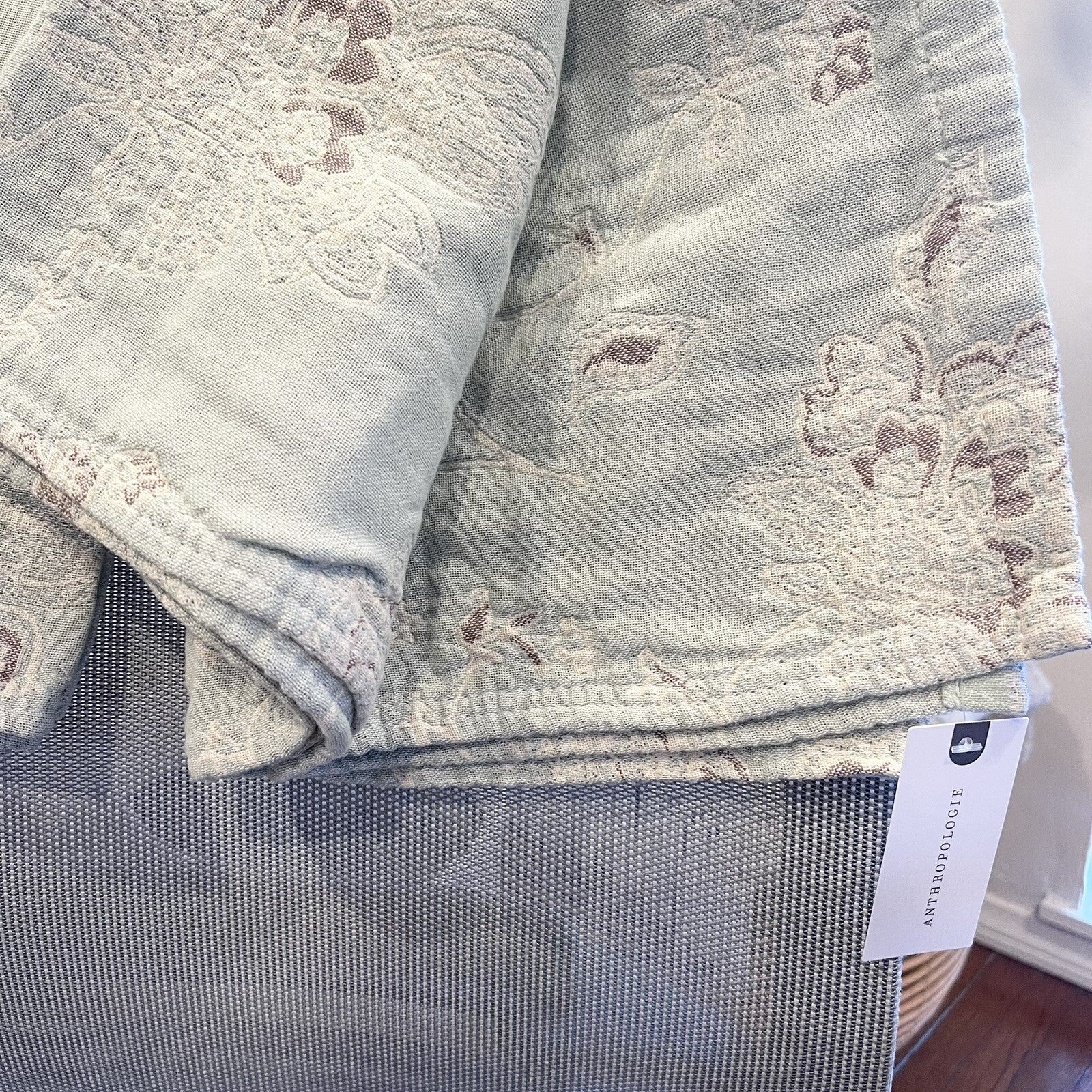 NEW Anthro Boho Floral Muslin Green Reversible Throw Blanket - 90" x 80"
