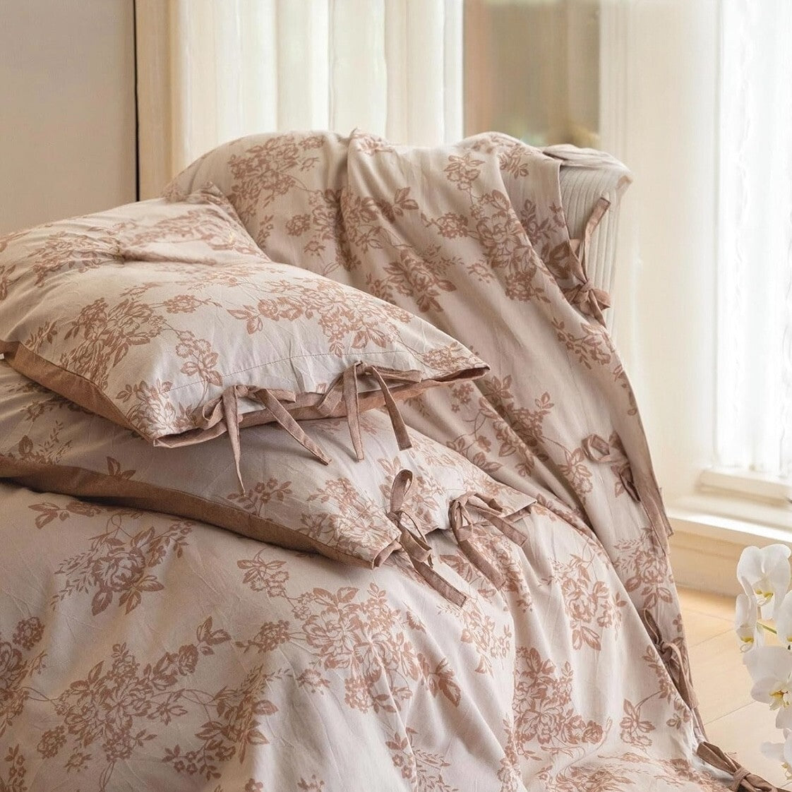 NEW Anthro Pink Floral Jacquard Queen King Linen Cotton Bedding Duvet & Sham Set